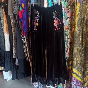 Umgee Floral Embroidered Black Velvet Wide-Leg Ruffle Pants